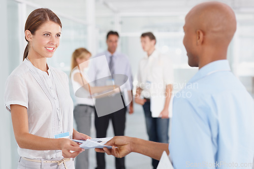 Image of Business, staff and black man with woman, documents and information with a pamphlet, open day and flyer. Female employee, male consultant and coworkers with paperwork, internship and partnership