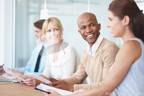 Image of Discussion, diversity and business people in a meeting in a office planning corporate report. Collaboration, teamwork and professional employees working on a company project together in the workplace