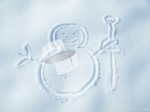 Image of Snowman drawing in snow, winter and nature for art, cold weather and Christmas holiday creativity. Icon, symbol and sign with magic, ice and frozen outdoor for artistic or creative top view frost