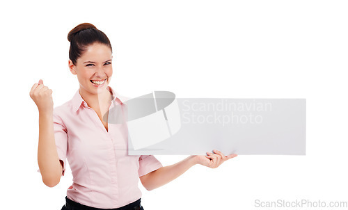 Image of Portrait, mockup and woman with a paper, excited and winner isolated against white studio background. Face, female person or entrepreneur with poster, banner and excitement with happiness and winning