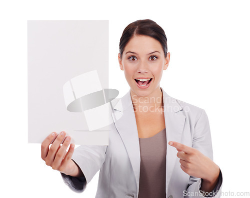 Image of Portrait, mockup and woman with a paper, pointing and girl isolated against a white studio background. Face, female person and model with a poster, choice and opportunity with decision and brand logo