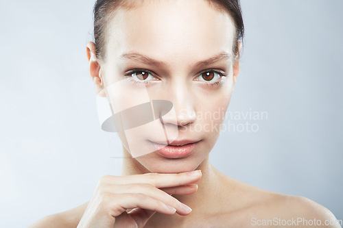 Image of Skincare, beauty and portrait of spa woman isolated on a white background in studio. Wellness, glow and face of young model for dermatology, cosmetics and care of skin and showing results of moisture