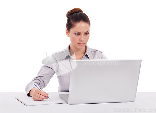 Image of Laptop, planning and a business woman writing on a notepad for research while working in her office. Computer, schedule and reading with a young female employee in studio isolated on white background