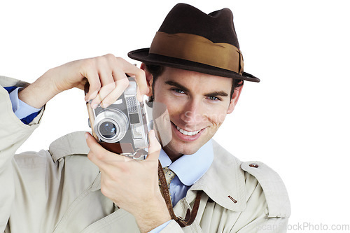 Image of Detective, photographer and portrait with man in studio for surveillance, reporter and investigation. Photography, press and secret with agent on white background for vintage, paparazzi or journalist