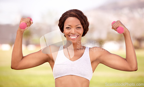 Image of Weightlifting, fitness and portrait of black woman in park for exercise, body builder training and workout. Sports, muscle and happy female athlete flex for wellness, healthy lifestyle and strength