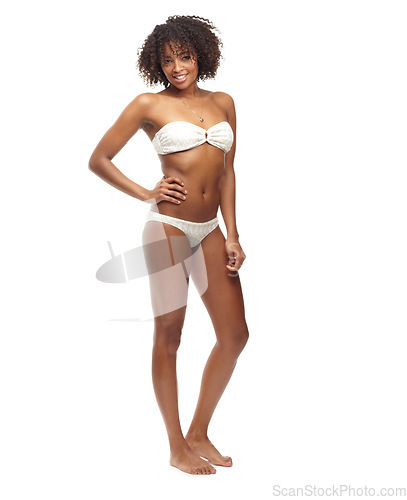 Image of Portrait, mockup and black woman with fitness, bikini and confident girl isolated against a white studio background. Face, female person and model with beauty, self care and lingerie with wellness