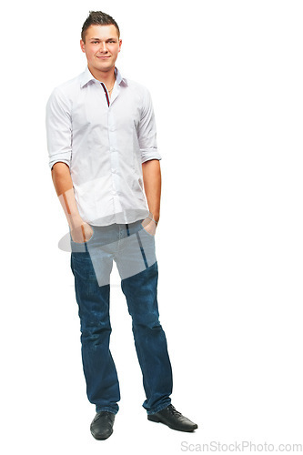 Image of Portrait, smile and man with beauty, fashion and confident guy isolated against a white studio background. Face, male person and model with casual outfit, happiness and cheerful with joy and mockup