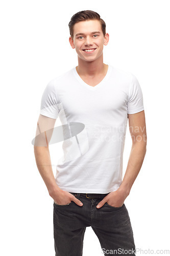 Image of Fashion, happy and smile with portrait of man in studio for confident, positive and casual. Trendy, edgy and punk with male model isolated on white background for happiness, natural and cool mockup