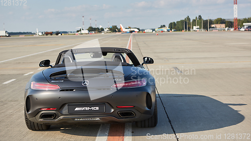 Image of Kyiv, Ukraine - September 2, 2017: Mercedes-Benz Star Experience 2017 on the airport Boryspil at the express test of the fastest Mercedes AMG for journalists, bloggers and clients from Kyiv