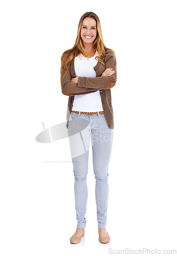 Image of Portrait, smile and woman with arms crossed, fashion and casual outfit isolated against white studio background. Face, female person or model with happiness, carefree or beauty with positive attitude