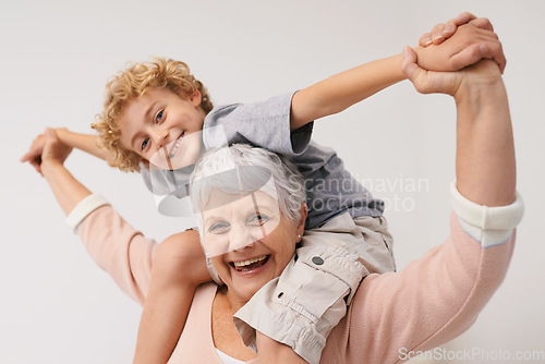 Image of Portrait, piggyback or happy grandmother with a child playing or hugging with love in family home. Elderly grandma, kid or old woman relaxing, bonding or enjoying quality time together in retirement