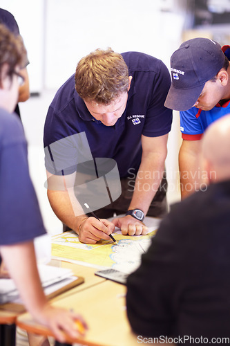 Image of Map, lifeguard working and sea marine with investigation with drawing on a table. Sailing strategy, captain and boat worker with navigation paperwork with course planning and distance calculation