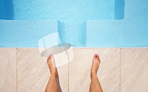 Image of Water, feet and pov of man at a pool for swimming, leisure and summer, fun and relax. Barefoot, swimmer and legs of male person at poolside on holiday, vacation or enjoying a weekend swim outdoor