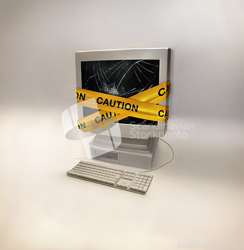 Image of Computer, virus and broken screen with warning and malware with 404 and caution tape. Cyber, connection error and technology problem on a studio background with website security and pc fail