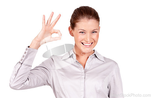 Image of Okay hands, portrait and happy woman isolated in white background, studio and good review. Female model, smile and ok feedback in agreement, support and yes icon for emoji sign, thank you and trust