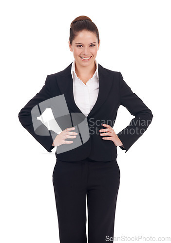 Image of Portrait, smile and business woman in studio confident, young and empowered on white background. Happy, face and female manager person posing with positivity, proud and professional while isolated