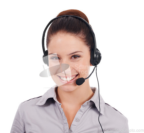 Image of Portrait, smile and woman with telemarketing, call center and operator isolated against a white studio background. Face, female person and consultant with a headset, customer service and tech support