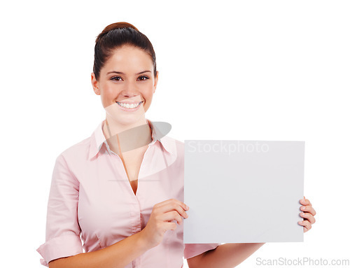 Image of Mockup, paper and smile with portrait of woman in studio for idea, promotion and space. Corporate, signage and happy with female employee and card on white background for news and presentation