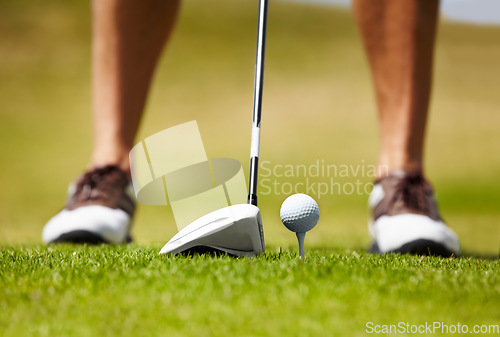 Image of Closeup of ball, athlete and club on golf course in contest, competition challenge and target training. Golfer, grass field and aim for action, stroke and impact in summer sports, lawn games and gear