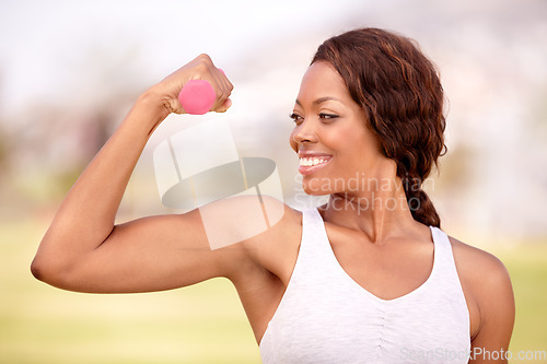 Image of Weights, exercise and black woman flex in park for fitness, body builder training and workout. Sport, strength and happy female athlete weightlifting for wellness, healthy lifestyle and strong muscle