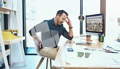 Image of Businessman with stress, back pain and headache in the office while working on a project. Medical emergency, healthcare and mature professional employee with a migraine and sprain muscle in workplace