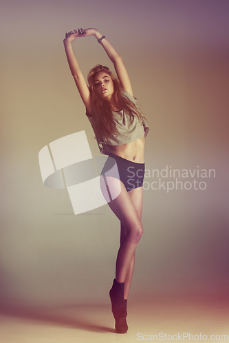 Image of Dance, woman and portrait of a young dancer model with casual fashion and confidence. Isolated, studio background and dancing pose of a female person with youth, body freedom and natural beauty