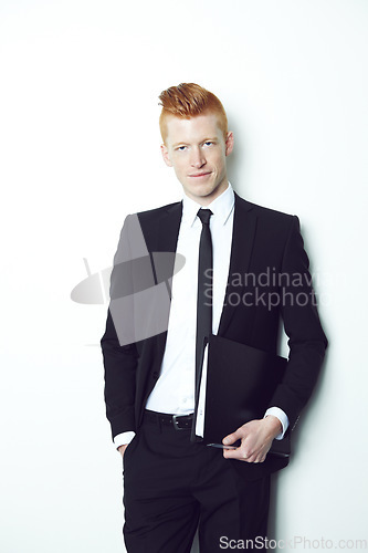 Image of Portrait, business and a man in studio with a file for corporate career and legal advice. Fashion, lawyer and professional male person isolated on a white background with pride and formal clothes