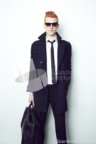 Image of Portrait, business and man with fashion, career and stylish outfit isolated against a white studio background. Face, male person and employee with formal wear, eyewear and professional with style