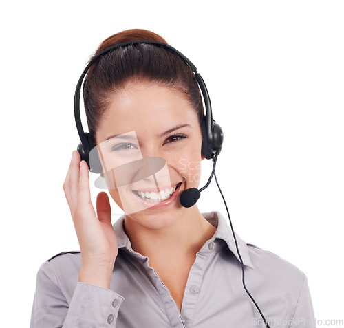 Image of Woman, portrait and studio with smile for call center job for customer service, telemarketing or crm. Isolated girl, tech support and headphones with mic, consulting and happy by white background