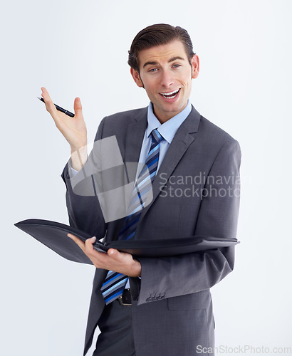Image of Business man, folder and studio portrait with excited face, hand gesture or white background. Isolated businessman, pen and plan for startup, schedule or project notes with happiness by backdrop