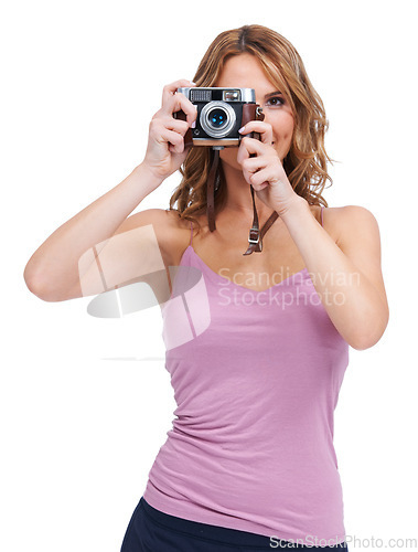 Image of Photography, camera and portrait of woman photographer taking a picture isolated in a studio white background. Vintage, retro and creative female person or professional shooting with focus and lens