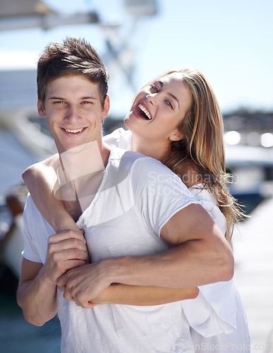 Image of Happiness, love and portrait of couple on a date together feeling happy on a romantic vacation or holiday in summer. Portrait, travel and woman hug man in a relationship and smile outdoor with care