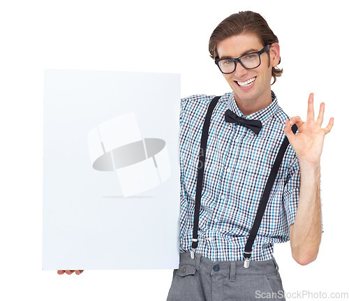Image of Ok sign, portrait and man with poster for mockup in studio isolated on a white background. Board, okay hand gesture and male person, geek or nerd with smile for copy space, advertising and glasses.