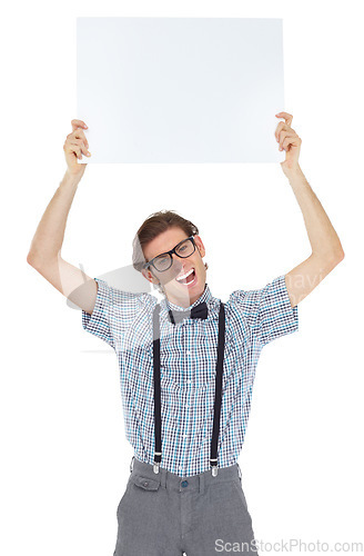 Image of Excited, portrait and man with board for mockup in studio isolated on a white background. Poster, funny and male person, nerd or geek with copy space for advertising, marketing and promotion banner.