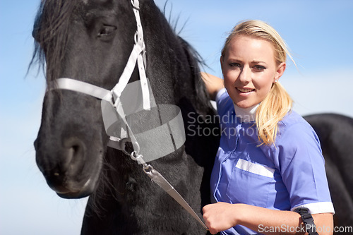 Image of Fitness, sports and portrait of woman and horse for equestrian, competition and contest. Happy, smile and animal show with female jockey and stallion for achievement, performance and training