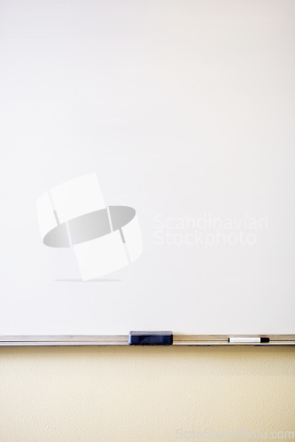 Image of Education, learning and mockup with whiteboard in classroom for school, study and scholarship. College, teaching and academy with closeup of empty board for knowledge, information and lesson