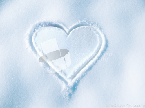 Image of Heart, drawing and shape on ground in snow for love, romance and outdoor in winter for mockup space. Icon, emoji and romantic art, sign or creativity in ice, nature or frozen Valentines Day holiday