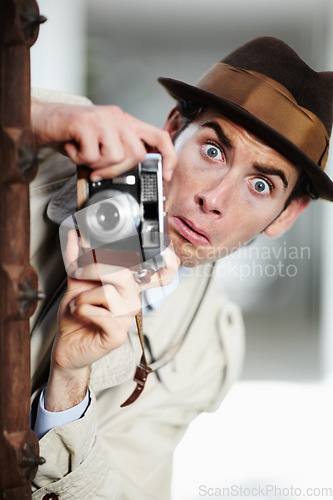 Image of Retro agent man, street and camera for investigation, inspection and spy job in city with surprise face. Private investigator, secret photographer and vintage paparazzi in metro for surveillance