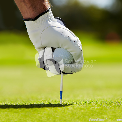 Image of Ball, tee and hands of man on golf course for contest, competition challenge and target training. Closeup, grass lawn and golfer gloves with pin in ground for action, games and sports gear on field