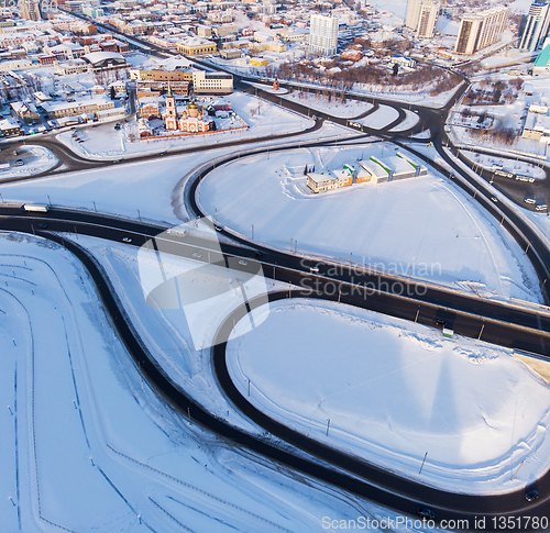 Image of Aerial shot of bridge and car driving on the bridge