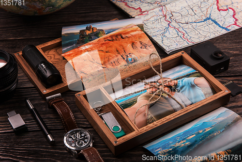 Image of Wooden photo box with photo from travel