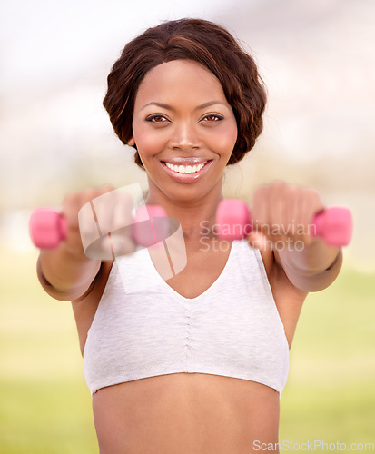 Image of Park, fitness and portrait of black woman with weights for exercise, body builder training and workout. Sports, dumbbell and happy female athlete smile for wellness, weightlifting and strong muscles