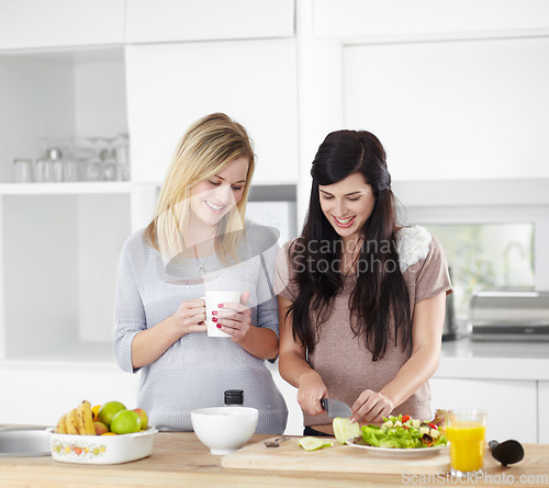 Image of Food, friends and women in a kitchen with salad, vegetables and bonding in their home together. Fruit, vegetarian and females preparing healthy snack for lunch, talking and happy in their apartment