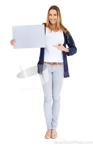 Image of Smile, showing poster and portrait of a woman isolated on a white background in a studio. Happy, mockup and a young lady with a blank paper sign for branding, news and an announcement or promotion