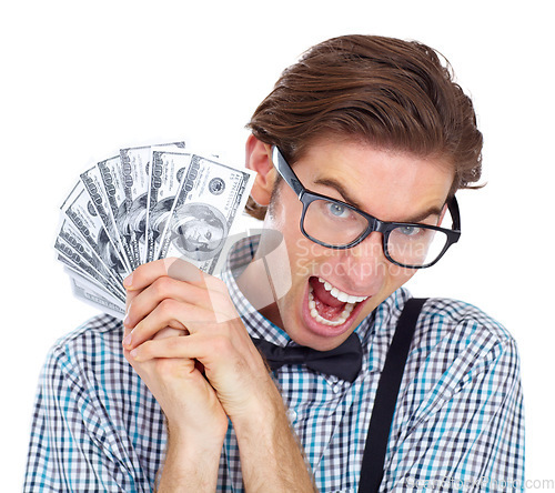 Image of Portrait, money and excited man with dollars in studio isolated on a white background. Winner, cash and funny male person, nerd or geek screaming after lottery, financial freedom or bonus prize.