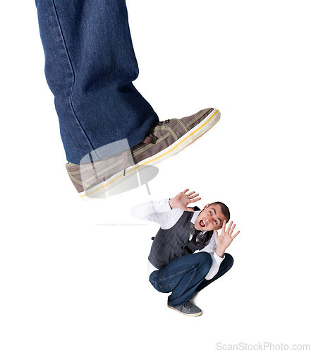 Image of Isolated foot, squash and scared man with screaming, anxiety and problem by white background. Giant shoes, businessman and mental health with fear, shouting and stop hand gesture by studio backdrop