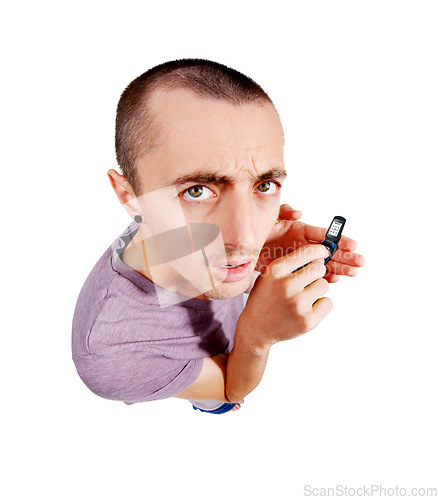 Image of Man, phone and confused in studio portrait with texting, typing or frown by white background. Young male student, annoyed model and chat with cellphone for communication, search or social network app