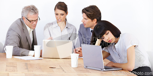 Image of Sleeping, bored and laptop woman in meeting with frustrated, tired and burnout. Exhausted, mental health and depression with female employee in office collaboration with stress, anxiety and dreaming