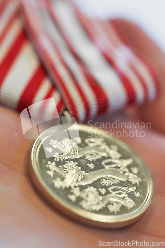 Image of Closeup, hands and war medal for hero, service and appreciation symbol or power gesture. Defence, award and person with gold military reward for honor, respect and Danish, army and airforce icon