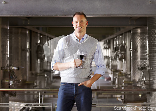 Image of Portrait, cellar and mature man with red wine, smile and success with wellness, development and elegant. Face, male person and happy entrepreneur with a glass, alcohol and aroma with business owner